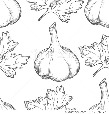 Seamless pattern of garlic. Vector ink styled handmade illustration. For packaging design, cards, cover, prints, product labels and fabric. 137076174