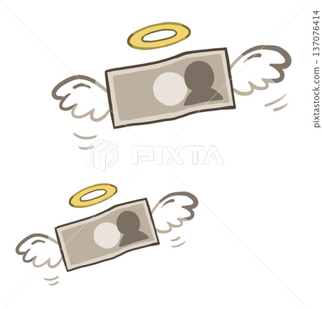 Flying winged banknotes - Image of spending, expenditure, and waste - Hand-drawn illustration 137076414