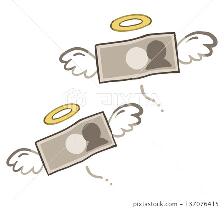 飛翔的帶翅膀的鈔票——消費、支出和浪費的象徵——手繪插圖 137076415