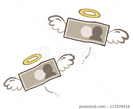 飛翔的帶翅膀的鈔票——消費、支出和浪費的象徵——手繪插圖 137076416