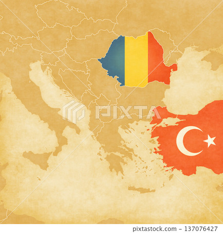 Ocher map of Balkans - Romania and Turkey Ocher map of Balkans - Romania and Turkey 137076427