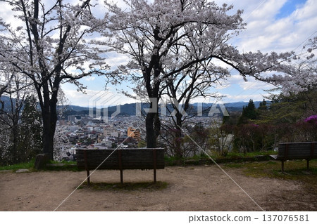 日本岐阜縣高山市中心,面向中橋方向,景色優美。櫻花盛開,公園長椅點綴其間。此景攝於城山公園。 日本岐阜縣高山市中心,面向中橋方向,景色優美。櫻花盛開,公園長椅點綴其間。此景攝於城山公園。 137076581