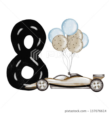 A watercolor racing car with a number card composition. Hand-drawn car template on a white background. Perfect for a racing-themed child's birthday party. A watercolor racing car with a number card composition. Hand-drawn car template on a white background. Perfect for a racing-themed child's birthday party. 137076614