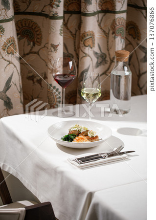 Chicken patties with potato mousse and greens Chicken patties with potato mousse and greens 137076866
