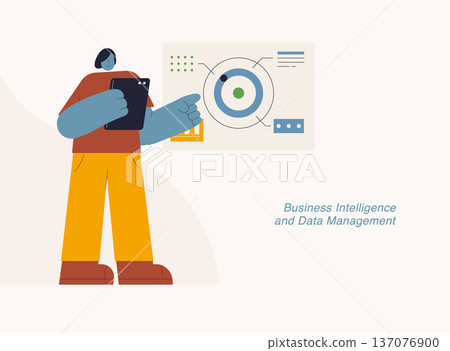 Business intelligence and data management with woman analyzing dashboard, charts and analytics. Flat design vector illustration for BI, data analytics and visualization concepts. Business intelligence and data management with woman analyzing dashboard, charts and analytics. Flat design vector illustration for BI, data analytics and visualization concepts. 137076900