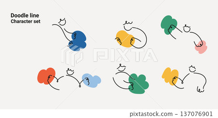Doodle line character set with abstract people figures and geometric shapes. One line drawing minimalist vector illustration collection for modern creative design projects colorful. 137076901