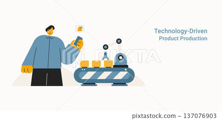 Technology Driven Product Production Man Robot Automation Manufacturing Assembly Line Industry 4.0 Vector Illustration Flat Design Technology Driven Product Production Man Robot Automation Manufacturing Assembly Line Industry 4.0 Vector Illustration Flat Design 137076903