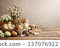 Sustainable Easter decoration with eggs, twine and wooden bunnies, craft celebration. Eco friendly holiday. 137076922