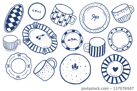 Dishes menu design. A collection of tableware for posters, cafes, or restaurant menus. Vintage hand-drawn illustration, sketch, and vector illustration. Line art style. 137076987