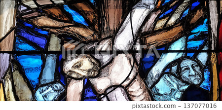 God s promise gives men courage and hope in the path of their lives and salvation, detail of stained glass window by Sieger Koder in St. John church in Piflas, Germany  137077016