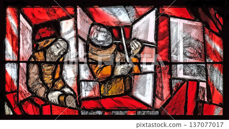 God cares for His own and strengthens them in their life path, detail of stained glass window by Sieger Koder in St. John church in Piflas, Germany God cares for His own and strengthens them in their life path, detail of stained glass window by Sieger Koder in St. John church in Piflas, Germany 137077017