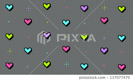 8-bit retro game style background with vivid hearts and glitter in a gray and light blue grid 8-bit retro game style background with vivid hearts and glitter in a gray and light blue grid 137077470