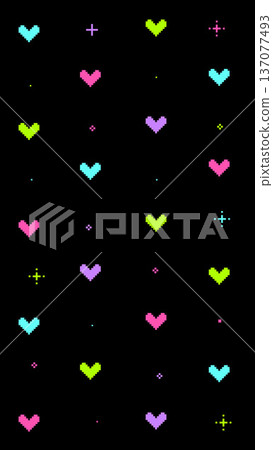 垂直螢幕 8 位元復古遊戲風格，生動的心形和閃亮的黑色背景 137077493