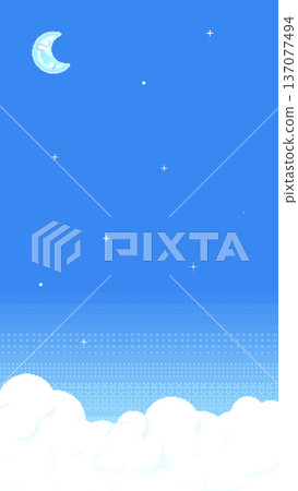 直版 8 位元復古遊戲風格天空背景壁紙，月亮、星星和雲朵漂浮在淺藍色中 137077494