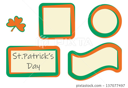 Decorative frame set. Irish tricolour Celtic decor kit, Patricks Day festive decor border collection, circle, square, triangle rectangle shapes for web card design. vector illustration 137077497