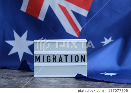 Message MIGRATION on background of Australian flag made from silk. Australia national flag with concept of tourism and traveling. welcoming 137077596