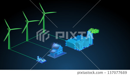 Digital design shows wind turbines generating energy for homes and factories, illustrating renewable energy solutions 137077689