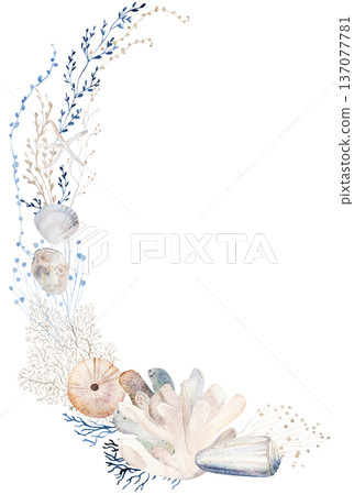Bouquet with beige, blue and grey watercolor seashells, isolated illustration for coastal beach wedding Bouquet with beige, blue and grey watercolor seashells, isolated illustration for coastal beach wedding 137077781