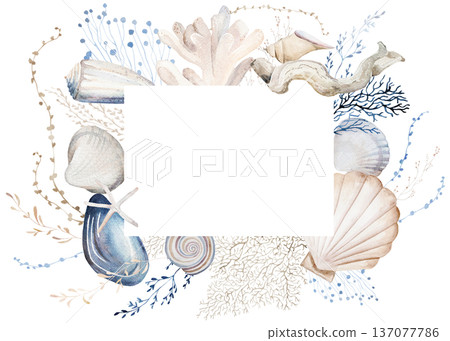 Wreath with beige, blue and grey watercolor seashells, isolated illustration for coastal beach wedding Wreath with beige, blue and grey watercolor seashells, isolated illustration for coastal beach wedding 137077786