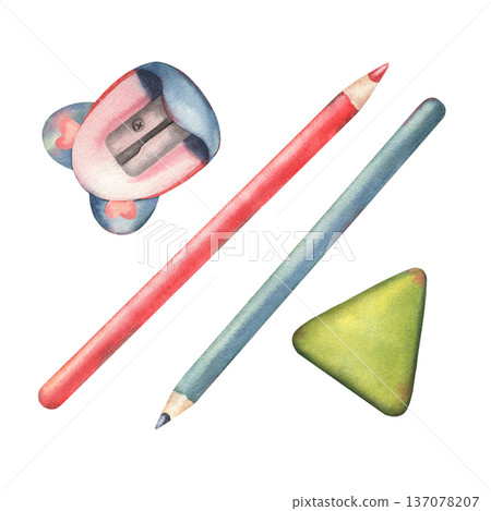 Pencils, sharpener, eraser. Hand-painted watercolor illustration isolated on white background for school branding, education materials, back to school, office designs, stationery packaging, planners 137078207