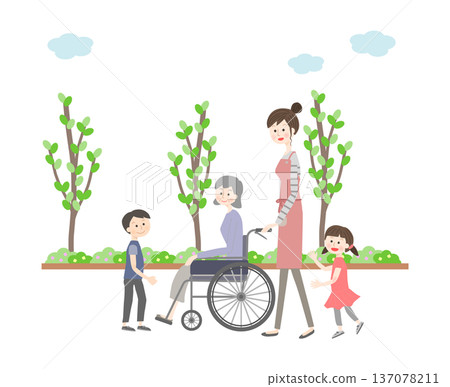 一位老婦人和家人坐著輪椅外出 137078211