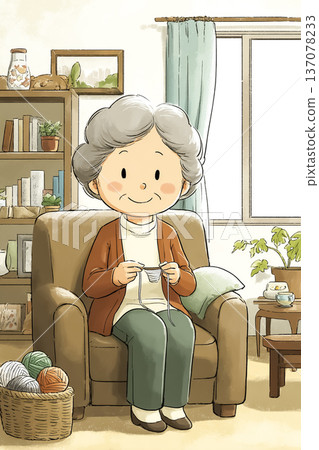 老年婦女享受編織的樂趣 | 在家客廳放鬆時光 137078233