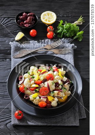 Greek cauliflower salad with feta cheese top view Greek cauliflower salad with feta cheese top view 137078539