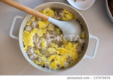 Homemade Pork Wonton and Egg Drop Soup 137078876