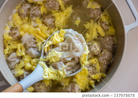 Homemade Pork Wonton and Egg Drop Soup 137078878