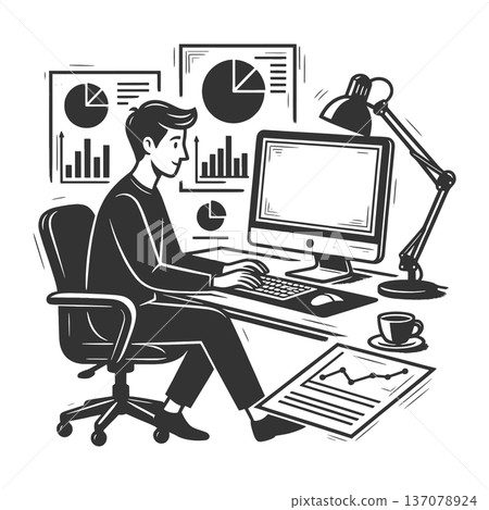 Business Analyst Working at Computer with Charts 137078924