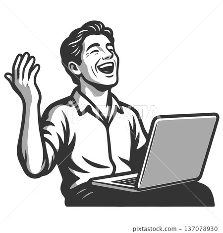 Happy Man Laughing While Using Laptop Computer 137078930