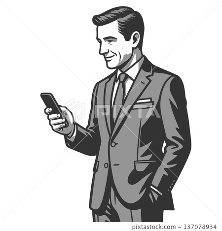 Businessman Checking Smartphone engraving vector 137078934