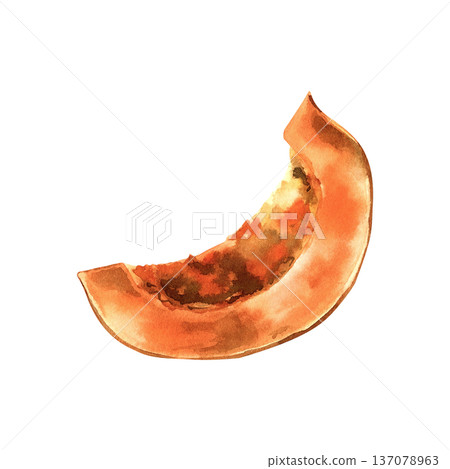 Watercolor slice of ripe pumpkin isolated on white background. 137078963