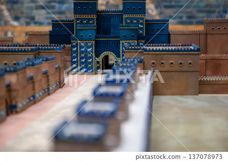 Berlin, germany, august 16, 2023. Ishtar gate model showcasing intricate blue glazed bricks with bas-reliefs of musrussu dragons and aurochs, representing ancient babylon history 137078973