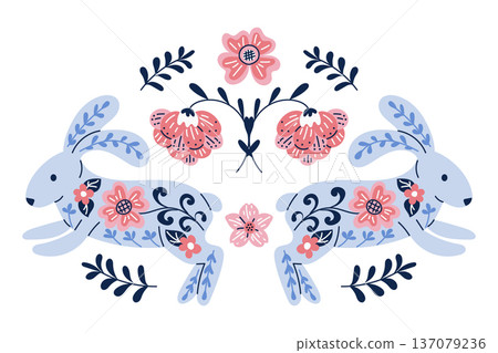 Folk easter composition with two rabbit figures decorated with floral ornament and flowers in flat vector style. Spring holiday concept symbolizing tradition celebration symmetry and nature Folk easter composition with two rabbit figures decorated with floral ornament and flowers in flat vector style. Spring holiday concept symbolizing tradition celebration symmetry and nature 137079236