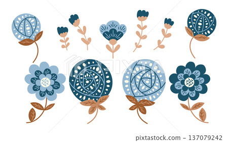 Folk flower set with decorative blossom and leaf in blue tone vector illustration isolated on white background. Botanical ornament concept symbolizing nature tradition harmony and design Folk flower set with decorative blossom and leaf in blue tone vector illustration isolated on white background. Botanical ornament concept symbolizing nature tradition harmony and design 137079242
