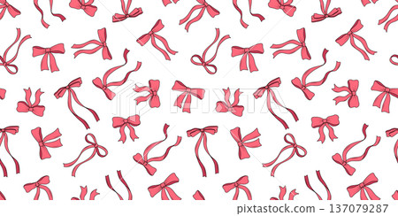 Seamless pattern pink bows and ribbons cartoon style. Coquette bow for hair decoration, celebration party items, gift packaging, present cards and luxury wrap pack Seamless pattern pink bows and ribbons cartoon style. Coquette bow for hair decoration, celebration party items, gift packaging, present cards and luxury wrap pack 137079287