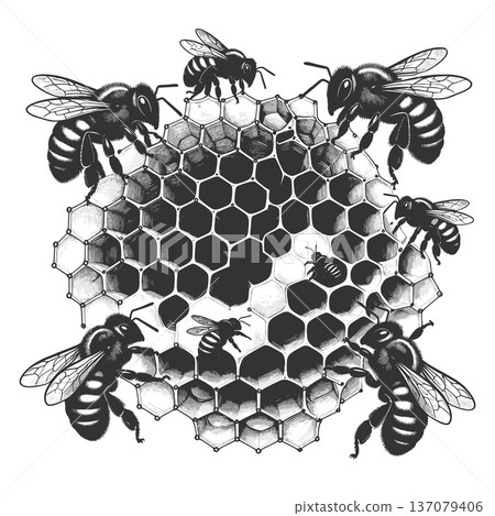 Bees on Honeycomb engraving sketch vector 137079406