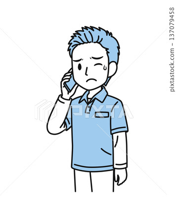 Illustration material of a man working as a caregiver wearing a polo shirt making unpleasant phone calls on his smartphone 137079458