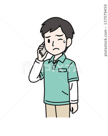 Illustration material of a man working as a caregiver wearing a polo shirt making unpleasant phone calls on his smartphone 137079459