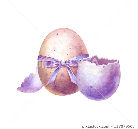 Easter composition of a whole egg with a purple bow and a broken egg. Watercolor illustration of colored eggs on an isolated background. The traditional element of the Easter holiday. 137079505