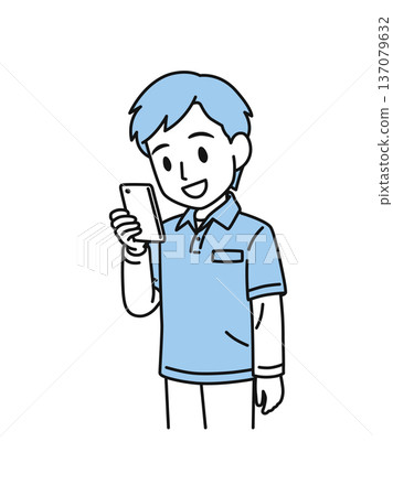 Illustration material of a male caregiver wearing a polo shirt looking at a smartphone Illustration material of a male caregiver wearing a polo shirt looking at a smartphone 137079632
