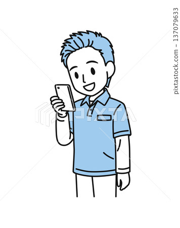 Illustration material of a male caregiver wearing a polo shirt looking at a smartphone 137079633