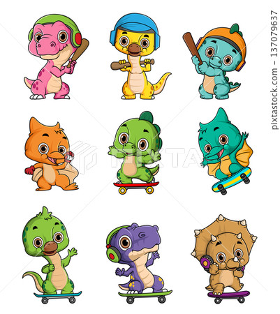 Cute Baby Dinosaur Sports Cartoon Collection Isolated on White Background 137079637