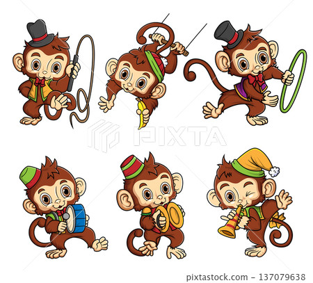 Cute Monkey Circus Cartoon Characters Collection Isolated on White Background 137079638