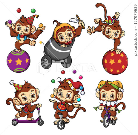 Cute Monkey Circus Cartoon Performers Collection Isolated on White Background 137079639