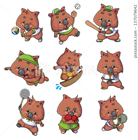 Cute Wombat Sports Character Set Playing Various Games 137079642