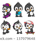 Cute Cartoon Penguin Characters Set Playing Skateboard and Fun Activities 137079648
