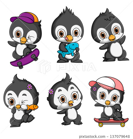 Cute Cartoon Penguin Characters Set Playing Skateboard and Fun Activities 137079648