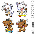 Cute Cartoon Cow and Bull Characters Playing Skateboard and Baseball 137079649